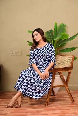 DIMPLE EXPORTS Women Printed Flared Kurta(Blue)