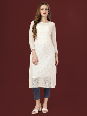 FORKEY Women Self Design A-line Kurta(White)