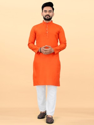 Ganesh Creation GC Men Solid Straight Kurta(Orange)