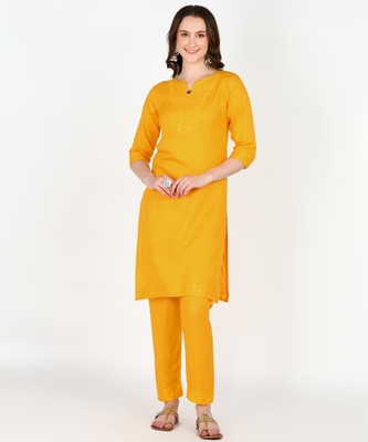 Anvi creation Women Embroidered Straight Kurta(Yellow)