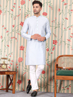 House of Pataudi Men Printed Straight Kurta(Blue)