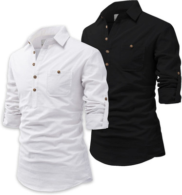 UNIFAV Men Solid Pathani Kurta(Black)