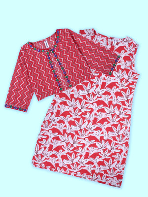 KiddoPanti Girls Floral Print A-line Kurta(Multicolor)