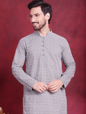 Jompers Men Embroidered Straight Kurta(Grey, White)