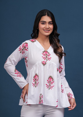 Pingaksh Women Printed Straight Kurta(White)