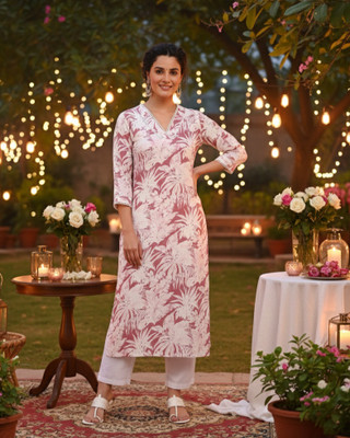 maaesa Women Printed Straight Kurta(Pink)