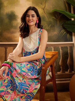 Sangria Women Printed Straight Kurta(Blue)