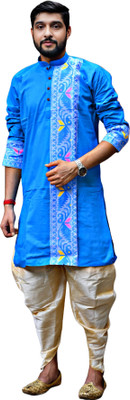 GOURI COLLECTIONS Men Embroidered Straight Kurta(Light Blue)