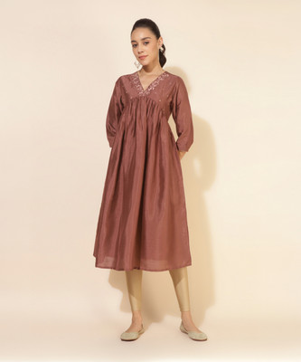 Janasya Women Embellished, Solid, Embroidered A-line Kurta(Brown)