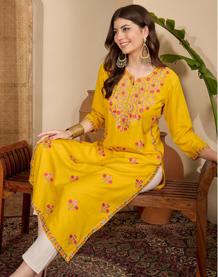 Uparna Women Embroidered Straight Kurta(Yellow)