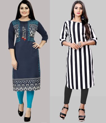 Modli 20 Fashion Women Striped Straight Kurta(Dark Blue, White)