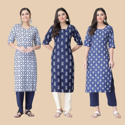 EthnicBasket Women Printed Straight Kurta(Dark Blue, Blue)