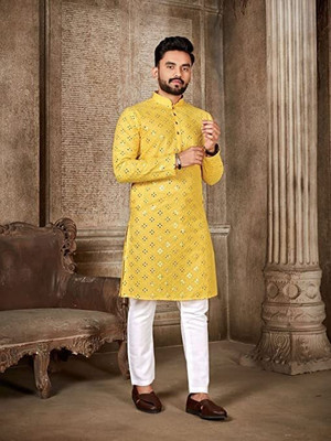 DM FASHION CLUB Men Embroidered Straight Kurta(Yellow)