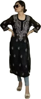 Chikankari Women Embroidered Straight Kurta(Black)