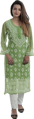 Lucknowi Chikankari Women Chikan Embroidery A-line Kurta(Green)