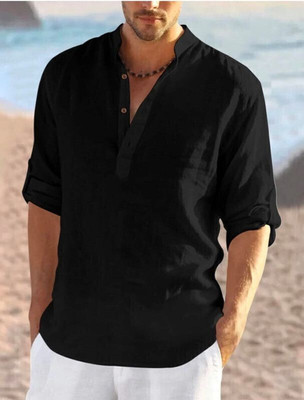 StoneHeart Men Solid Straight Kurta(Black)