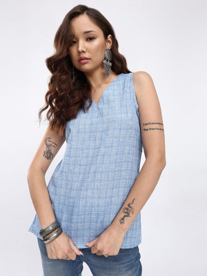 Anouk Rustic Women Checkered Straight Kurta(Blue)