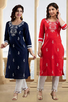 vikshi Women Chikan Embroidery Straight Kurta(Multicolor)