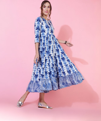 Gulmohar Jaipur Women Printed Flared Kurta(Blue)