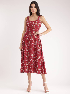 KALLAXI Women Ethnic Dress Red Midi/Calf Length Dress