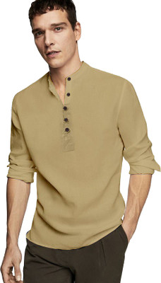 R M Creation Men Solid Straight Kurta(Beige)