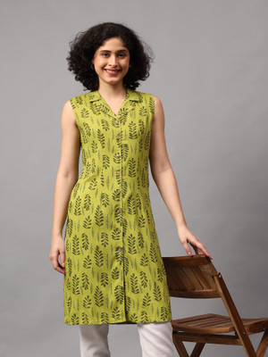 BluGrass Women Floral Print Frontslit Kurta(Light Green)