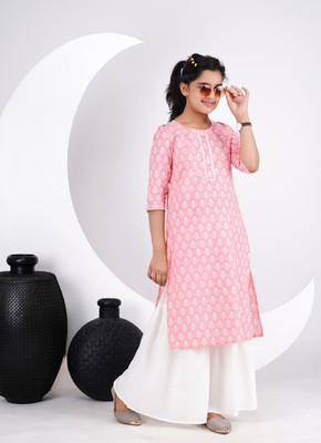 DMP EXPORT Girls Floral Print Straight Kurta(Pink)