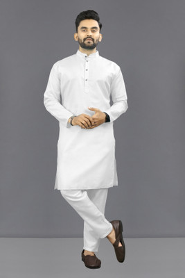 kanha creation Men Solid Straight Kurta(White)