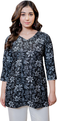Bunkar Collection Women Floral Print Straight Kurta(Black)