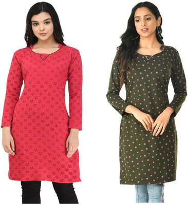 Indeweaves Women Floral Print Straight Kurta(Dark Green, Pink)