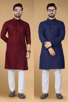 Ladyflock Men Solid Straight Kurta(Maroon, Blue)