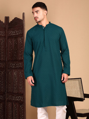 House of Pataudi Men Solid Straight Kurta(Blue)