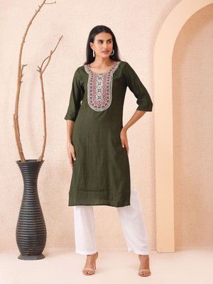 Sold For Style Women Embroidered Straight Kurta(Green)