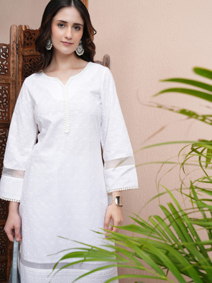 Vishudh Women Embroidered A-line Kurta(White)