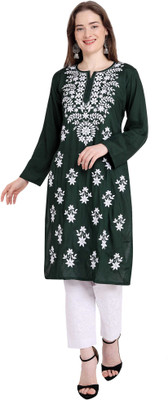 NABA Women Embroidered Straight Kurta(Dark Green)