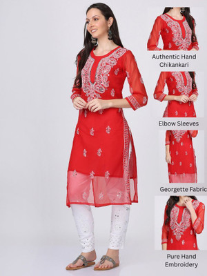 Ekkambar Women Chikan Embroidery Straight Kurta(Red)