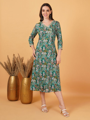 Gudwear Women Floral Print Ethnic Dress Kurta(Green)