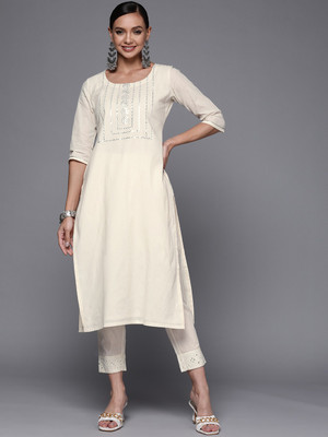 LIBAS Women Embroidered Straight Kurta(White)