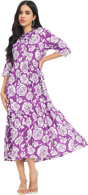 HRDAYA Women Floral Print Flared Kurta(Purple)