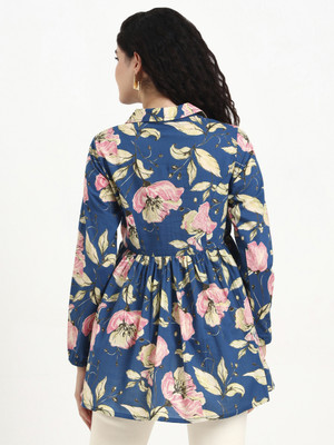 Lime Diva Women Floral Print Flared Kurta(Dark Blue)