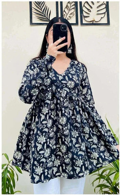 New RJP Craft Women Floral Print Flared Kurta(Blue)