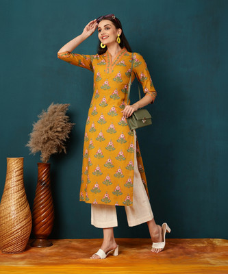 Gulmohar Jaipur Women Printed Straight Kurta(Yellow)