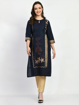 Alexa India Women Block Print A-line Kurta(Dark Blue)