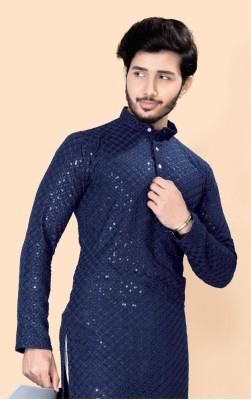 Shree Dutt Creation Men Chikan Embroidery Straight Kurta(Dark Blue)