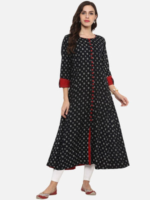 Yash Gallery Women Printed Anarkali Kurta(Black)