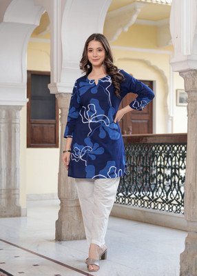 SIYAFABKURTI Women Printed Straight Kurta(Dark Blue)