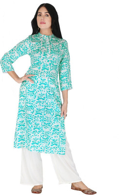 HouseOfCommon Women Floral Print Straight Kurta(Light Blue)