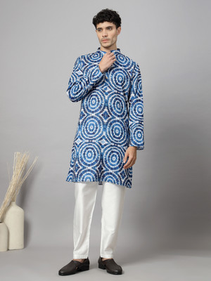 Vastraa Fusion Men Floral Print A-line Kurta(Blue, White)