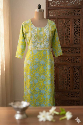 Arishafabric Women Floral Print, Chikan Embroidery A-line Kurta(Green, Blue)