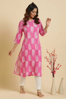 W Women Floral Print Straight Kurta(Pink)
